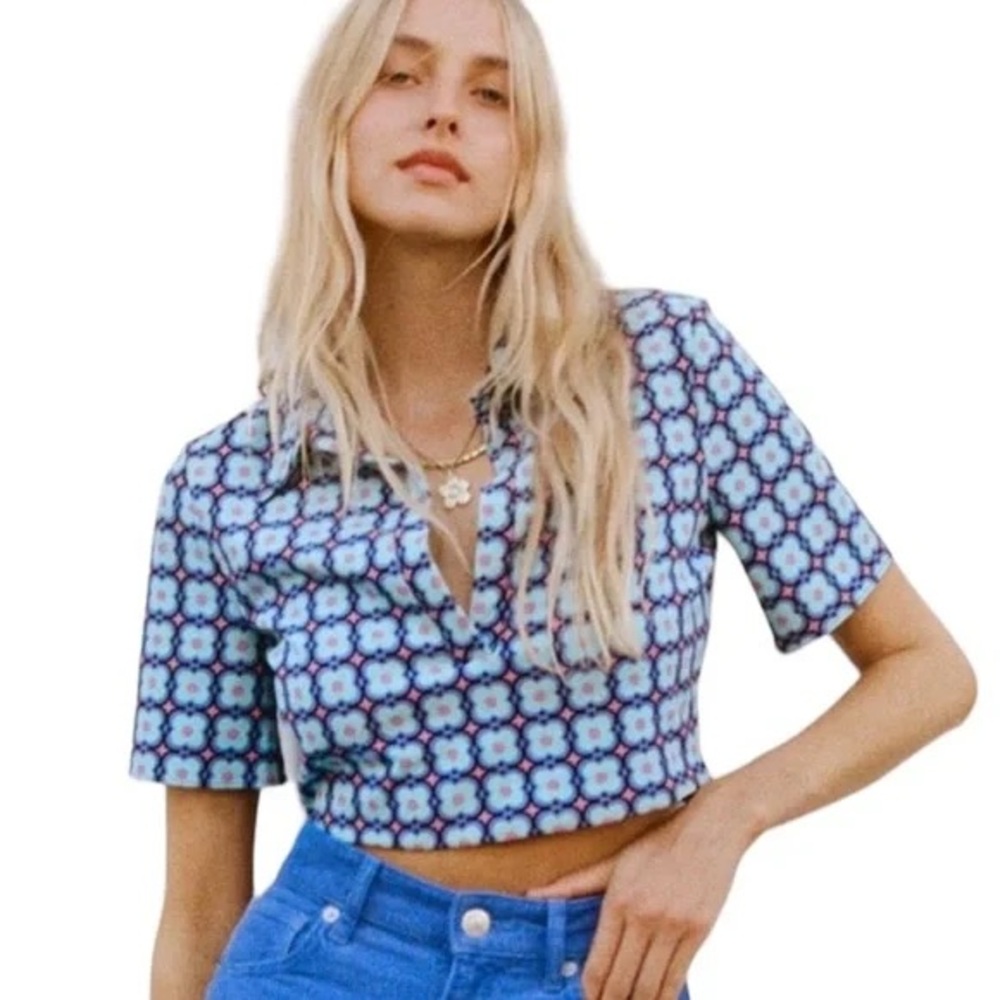 ZARA Retro Geometric Floral Polo Collar V-neck Cropped Top Size S Short Sleeve